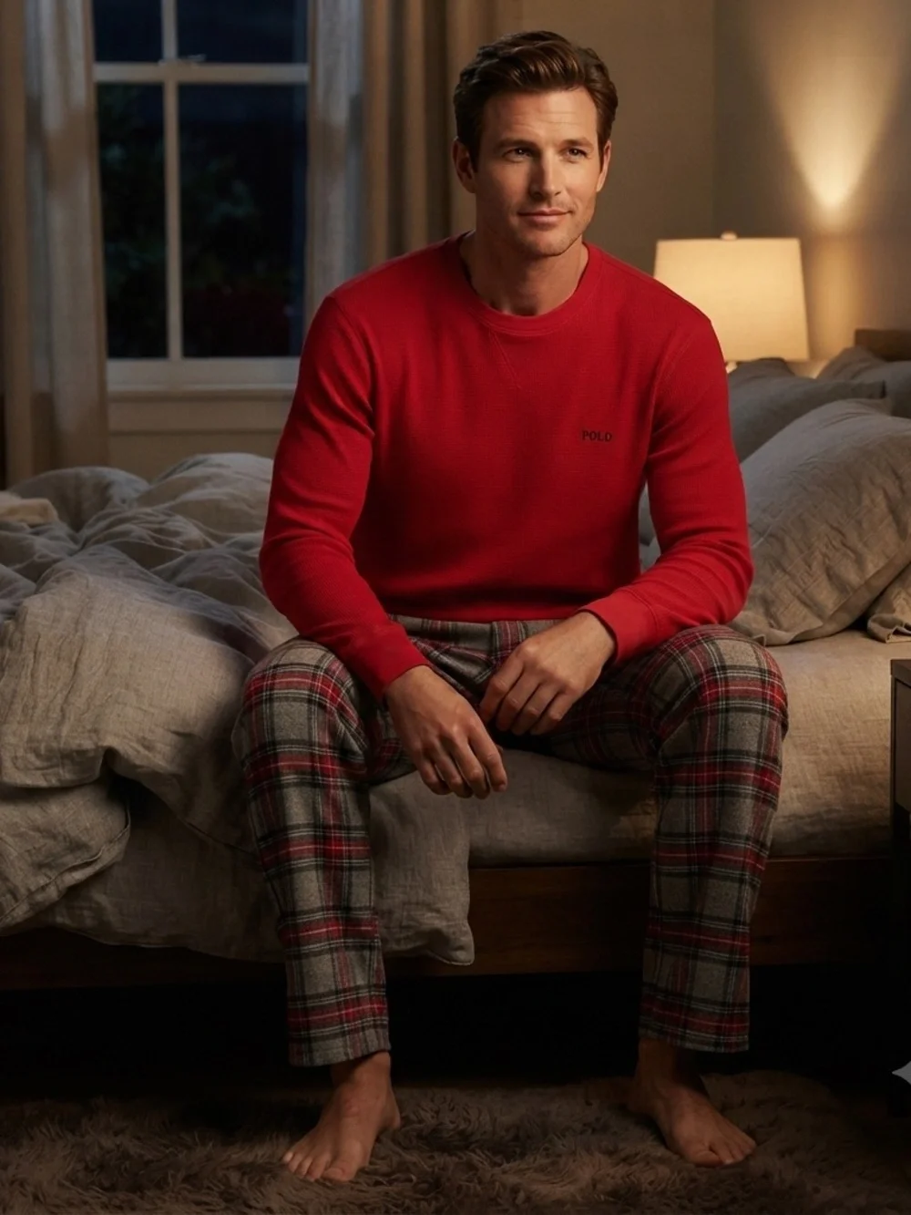 Polo Ralph Lauren Men's Red  Waffle Knit Thermal Long Sleeve Sleep Shirt Size XL